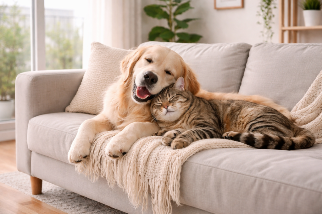 Dog and Cat cuddling in the living room