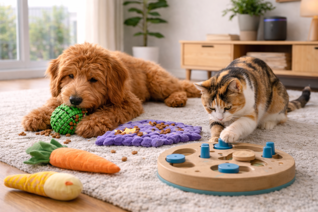 Calm enrichment toys provide mental stimulation for apartment dogs and cats without excessive noise.