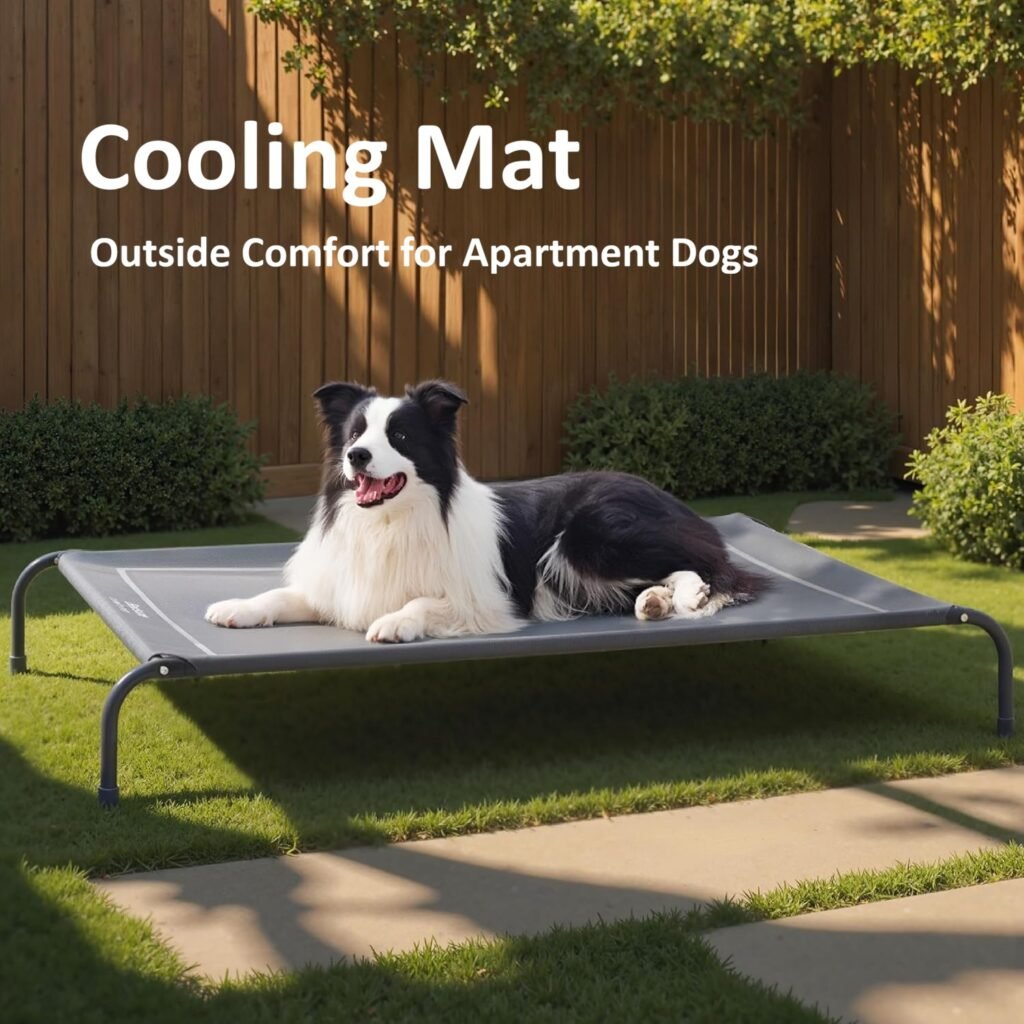 Dog lying on an elevated cooling dog bed with breathable mesh fabric outdoors
