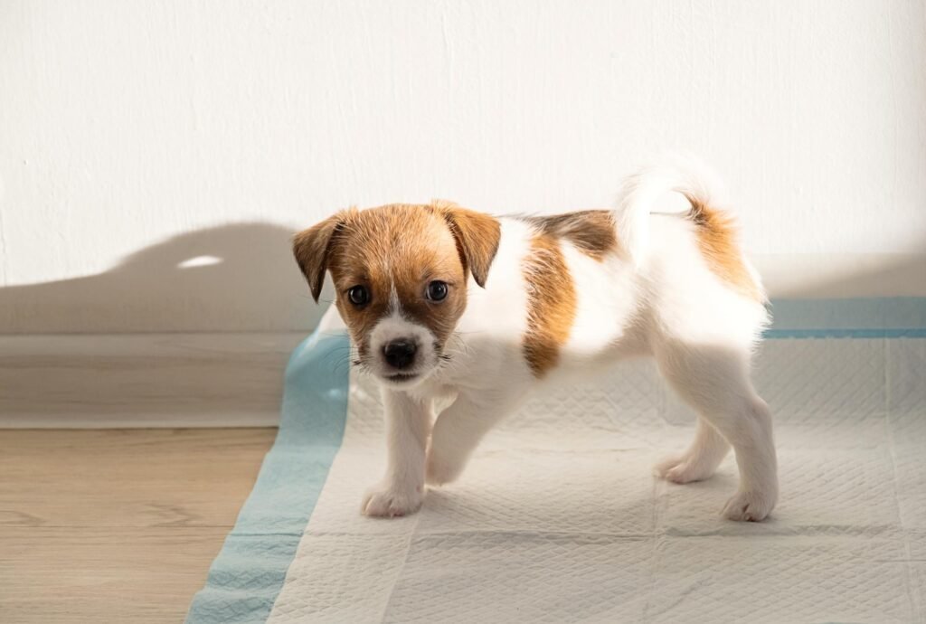 AmazonBasics puppy training pads with 5-layer leak-proof design for indoor potty training, travel or long waits between bathroom breaks