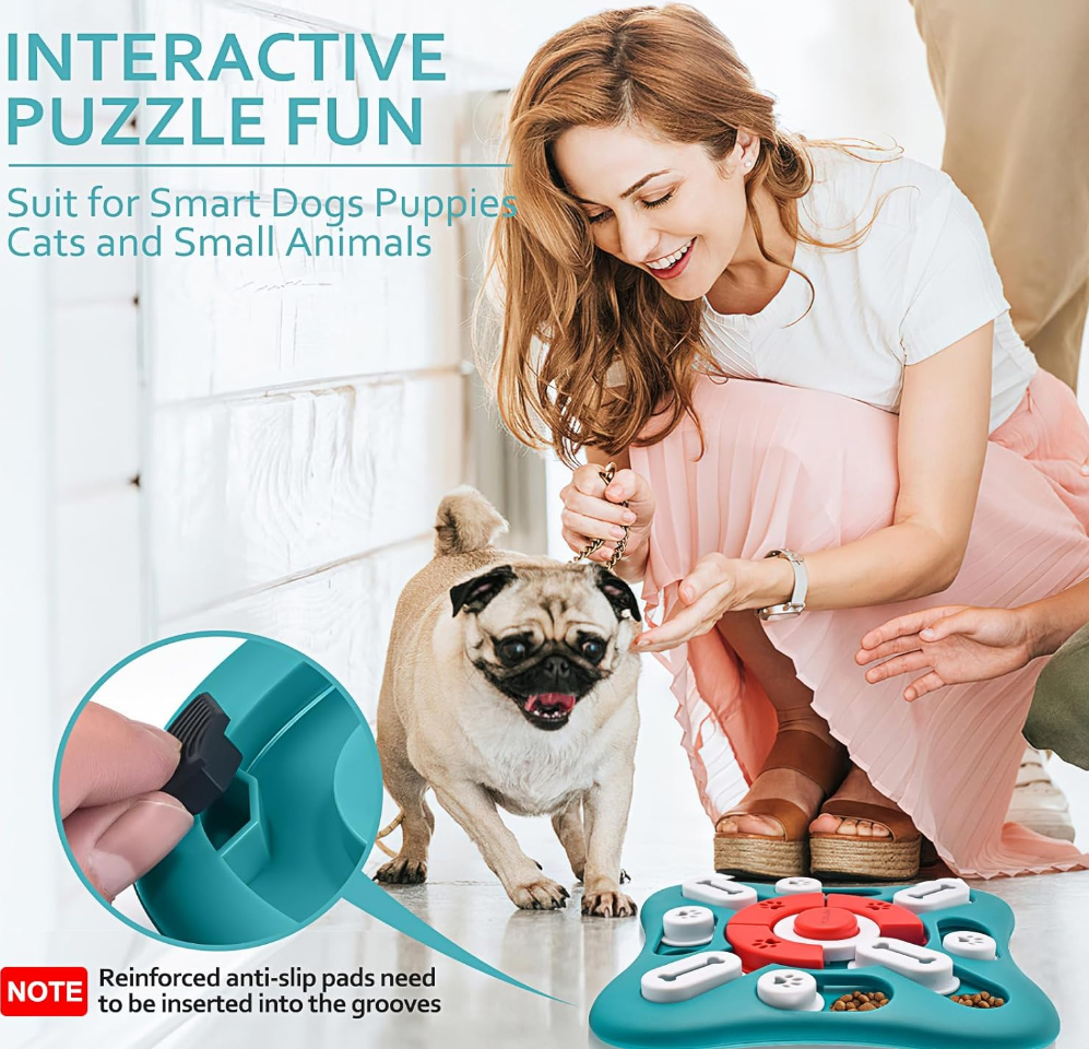 Interactive dog puzzle toy slow feeder with sliding treat compartments and squeak button center